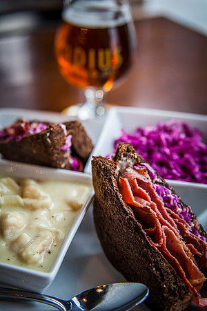 Radius Brewing - Pastrami with chicken dumpling soup and red slaw
