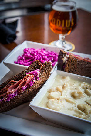 Radius Brewing - Pastrami with chicken dumpling soup and red slaw